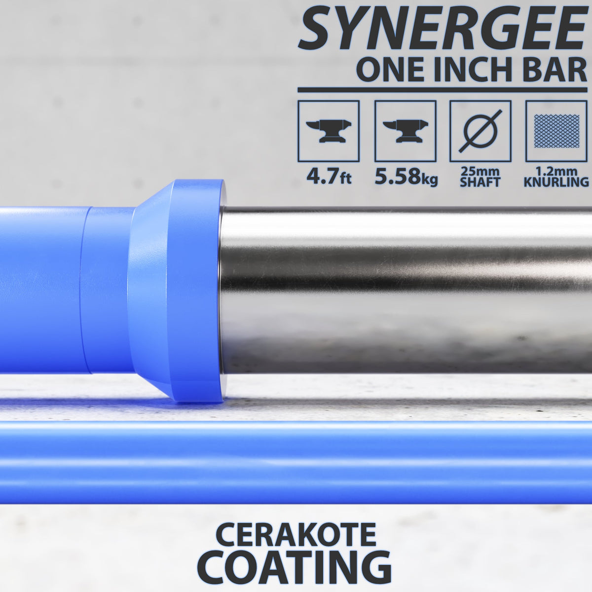 Synergee one inch bar with cerakote coating, featuring a blue handle and steel shaft.