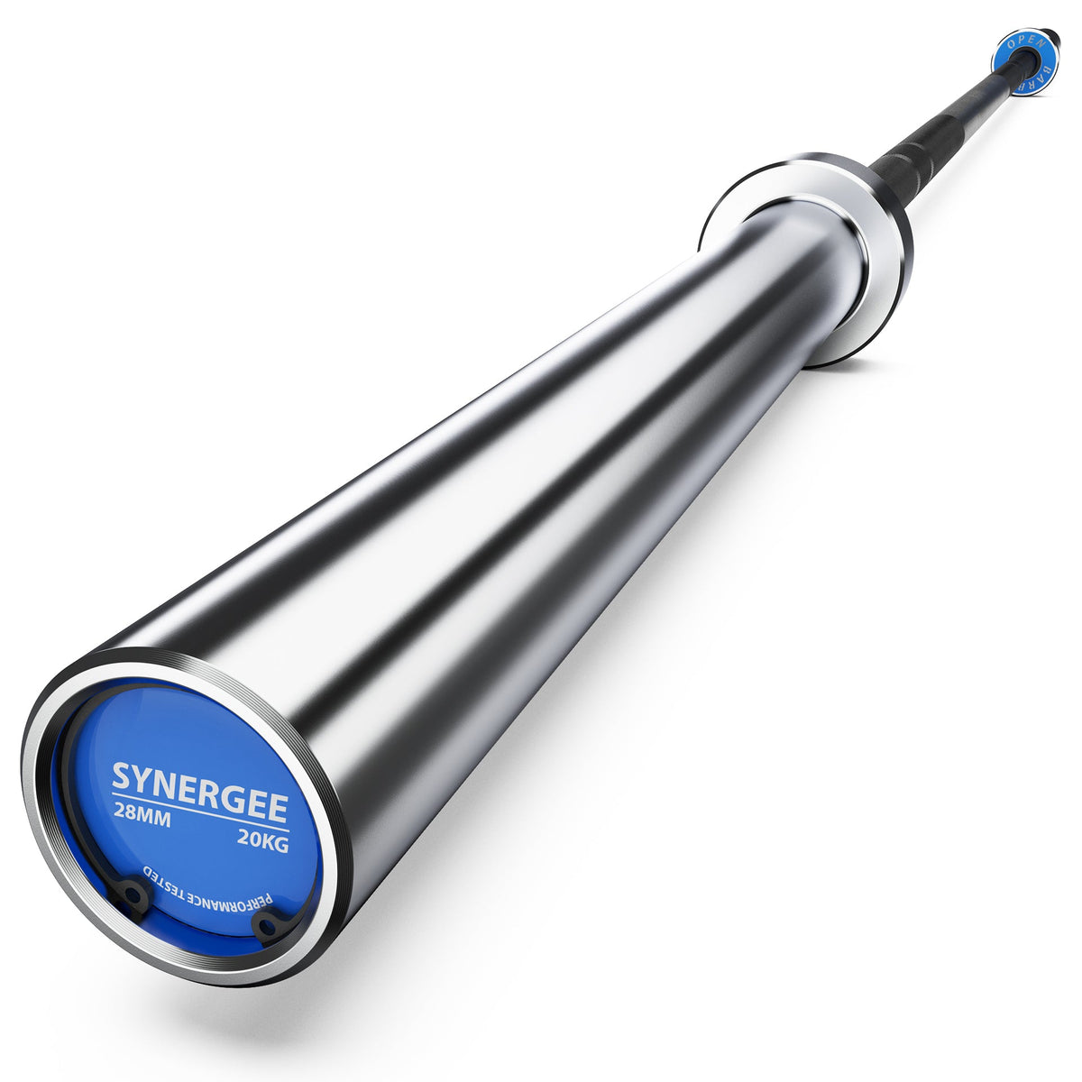 Synergee Olympic barbell with a 28mm diameter and 20kg weight, featuring a sleek silver finish.