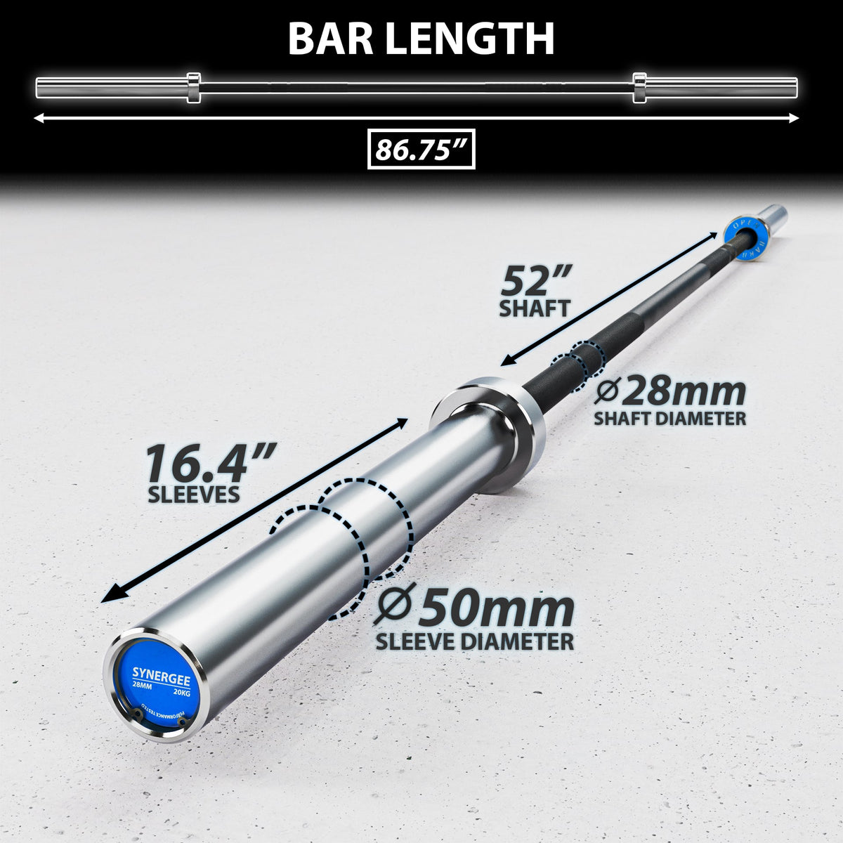 Barbell with 86.75-inch length, 52-inch shaft, and 28mm shaft diameter.