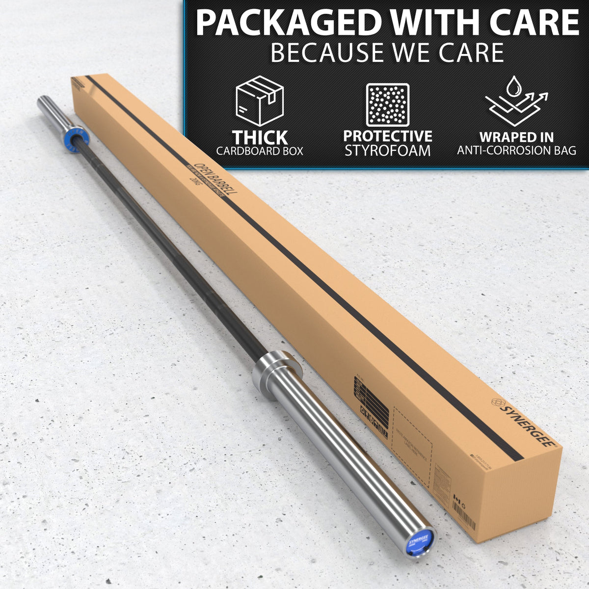 Barbell packaged with care in a thick cardboard box and protective styrofoam.