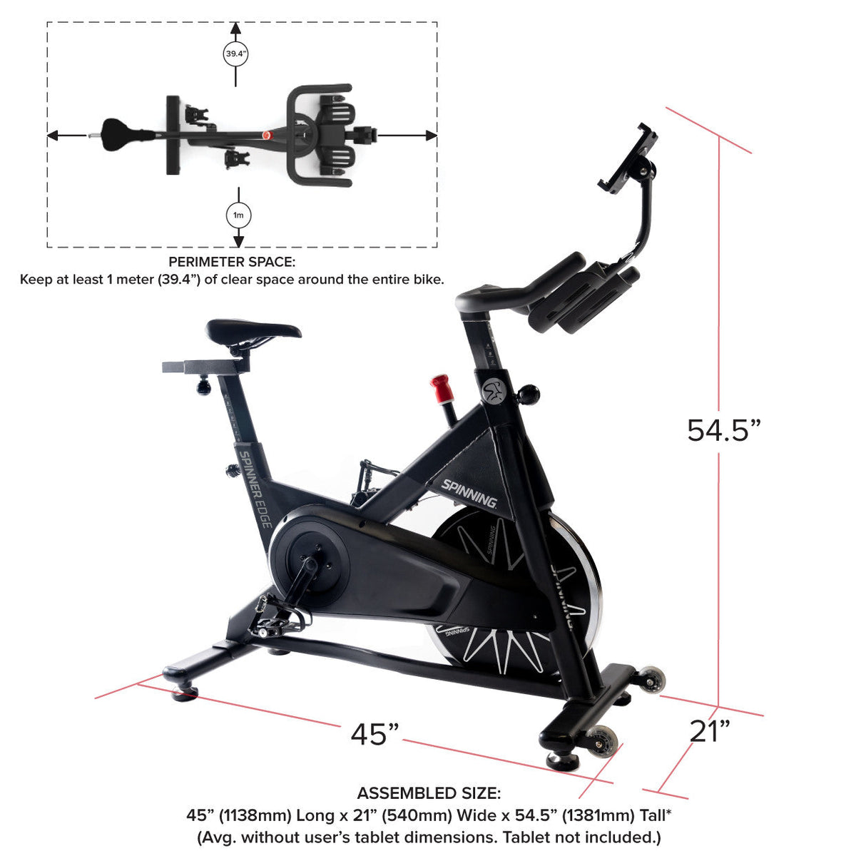 Exercise bike with adjustable seat and handlebars, measuring 54.5 inches tall and 45 inches long.