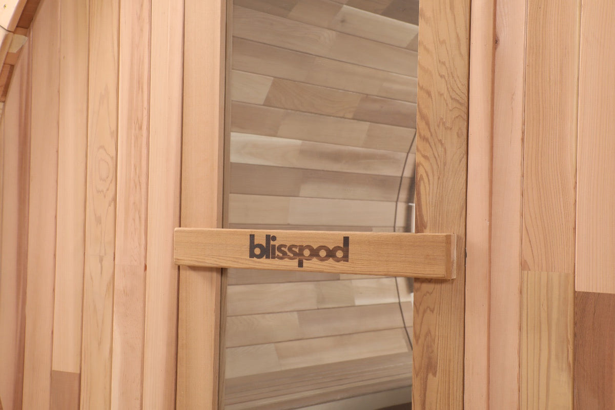 Blisspod, Prague, Canadian Red Cedar Outdoor Steam Barell Sauna, 2-4 / 4-6 persons with Full Glass Back & 2 front Porch seats