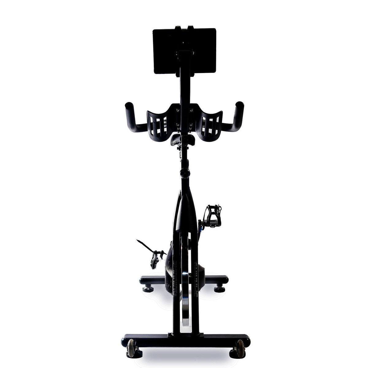 Indoor cycling bike with adjustable handlebars and tablet holder for fitness enthusiasts.