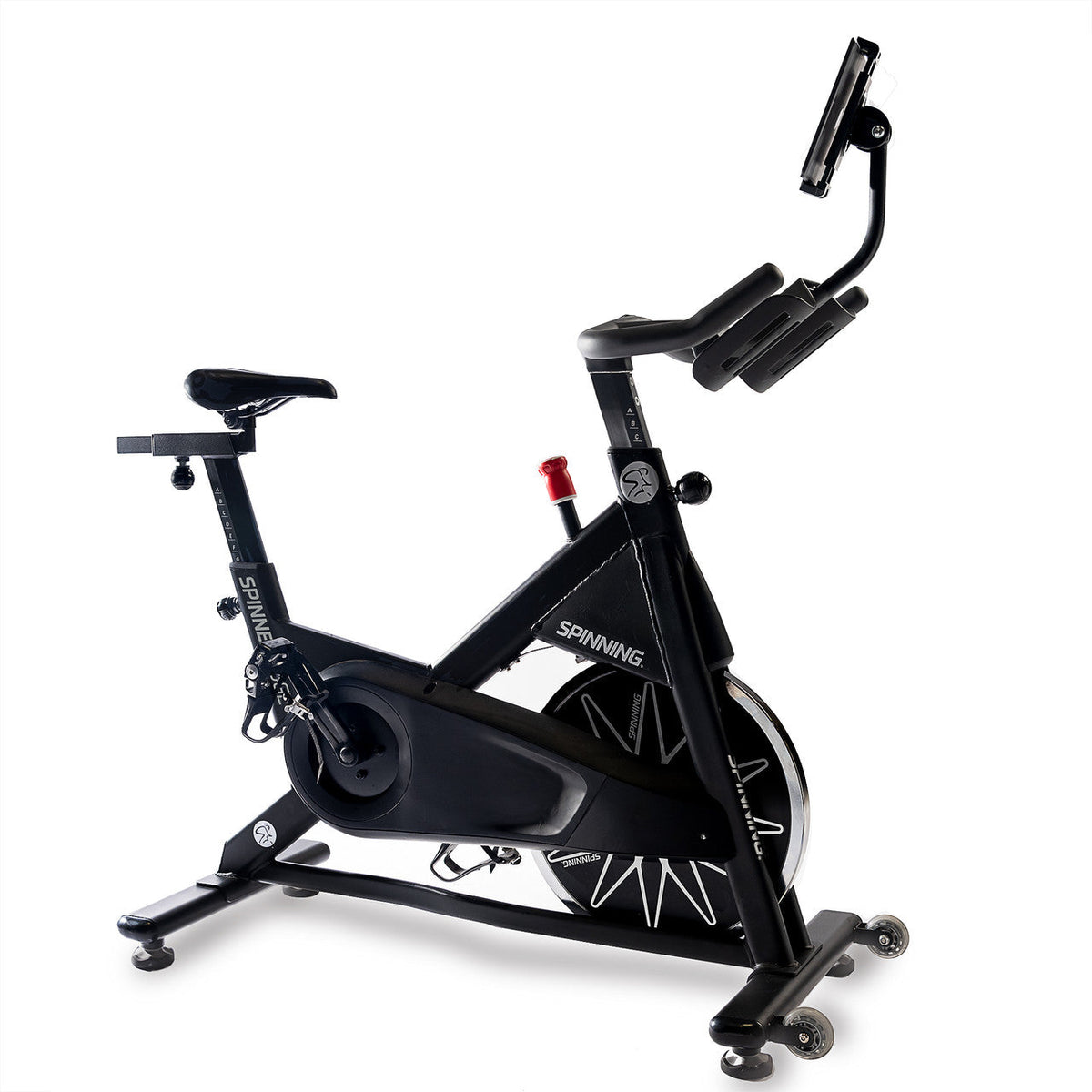 SpinBike indoor cycling bike with adjustable seat and handlebars for a comfortable workout.