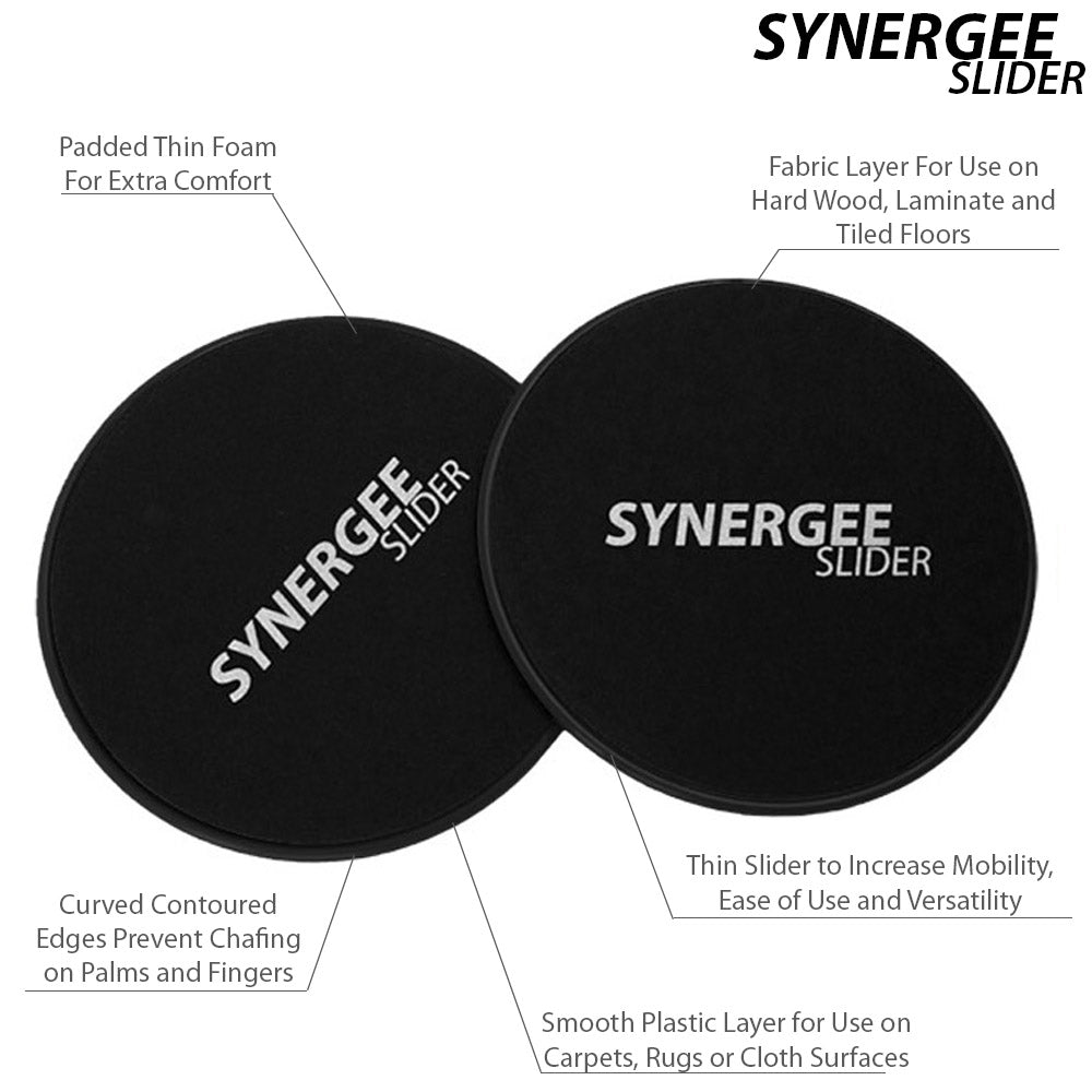 Synergee Slider features padded thin foam for extra comfort and a smooth plastic layer for versatile use on various surfaces.