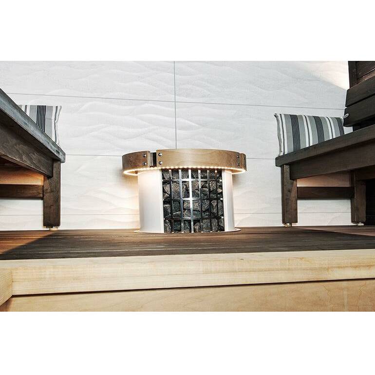 Modern wood-burning stove with a sleek design, featuring a glass front and wooden accents.