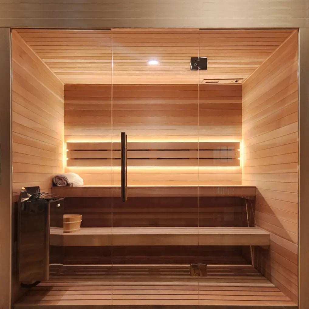 Sauna with wooden interior and ambient lighting, featuring benches and a towel.
