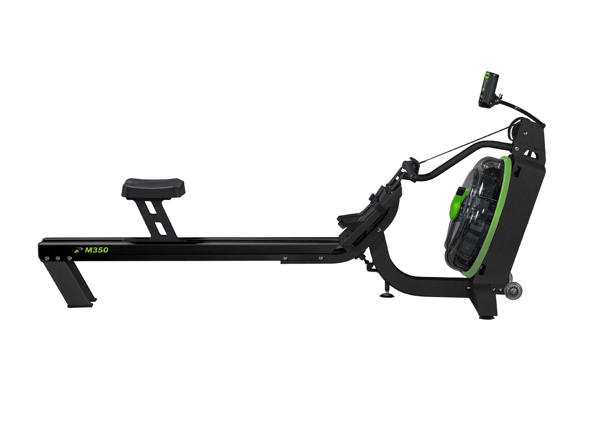 WaterRower rowing machine featuring a sleek black frame and green accents.