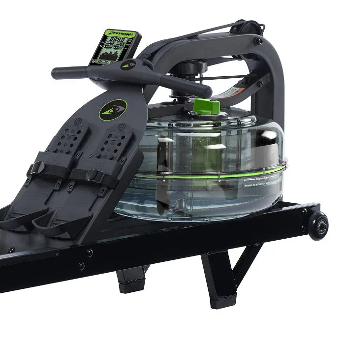 Water rowing machine with transparent water tank and adjustable resistance features.