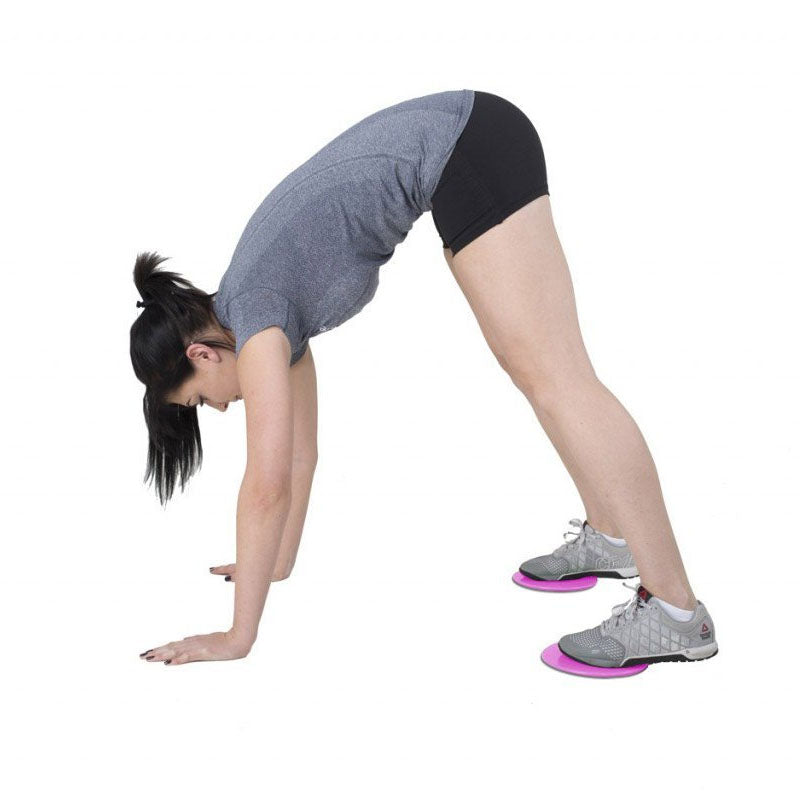Fitness Balance Trainer with a woman demonstrating a stretch exercise.