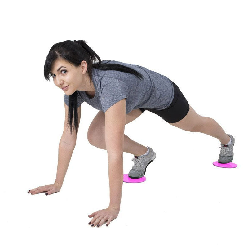 Fitness sliders for core workouts, featuring a woman in a workout pose using pink sliders.