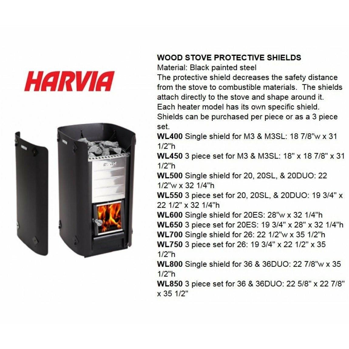 Harvia wood stove protective shields made of black painted steel, designed to enhance safety and reduce distance to combustible materials.