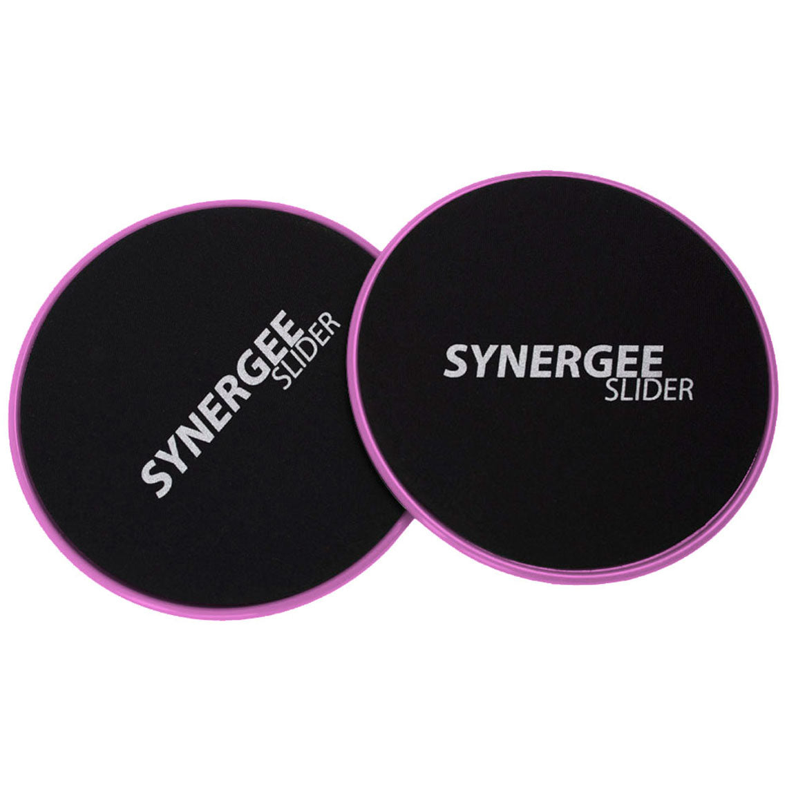Synergee Slider set featuring two black and pink exercise sliders for core workouts.