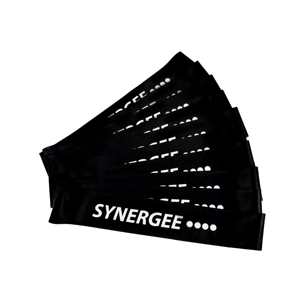 Synergee resistance bands set featuring multiple black bands with white logo.