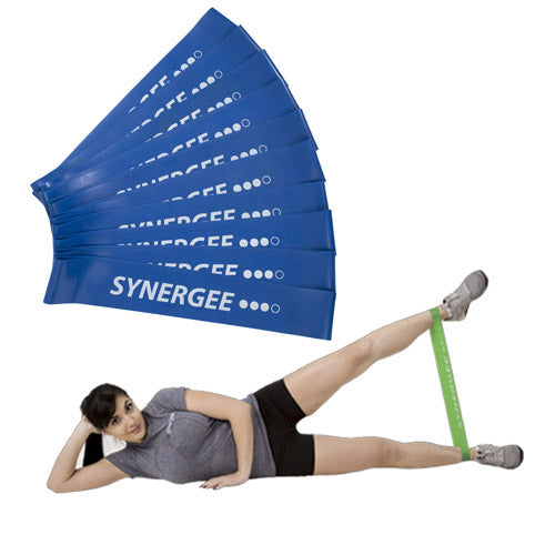 Synergee resistance bands in blue and green for strength training exercises.