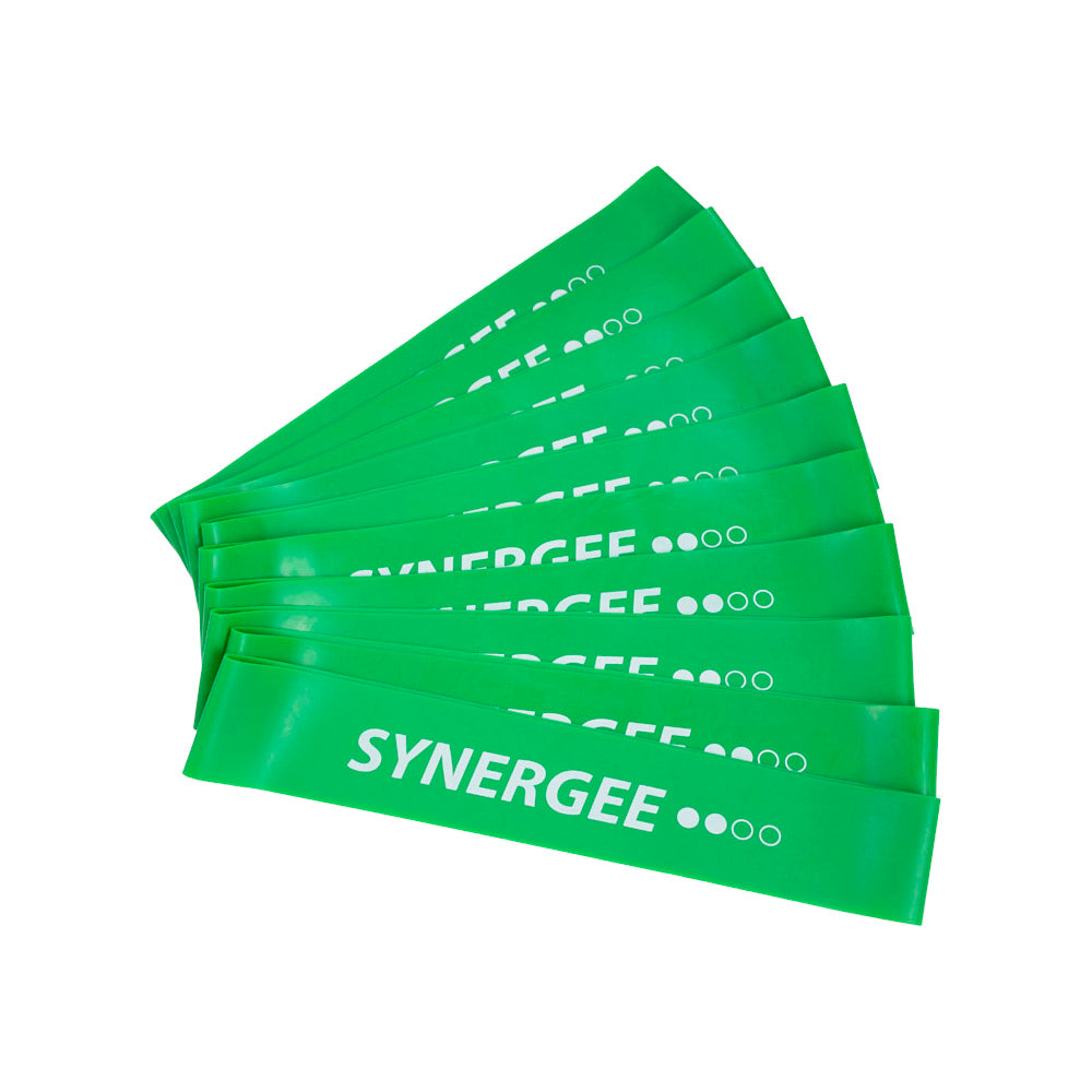Synergee resistance bands in vibrant green color, ideal for strength training and workouts.