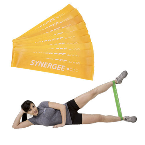 Synergee resistance bands in orange and green, ideal for leg workouts and strength training.