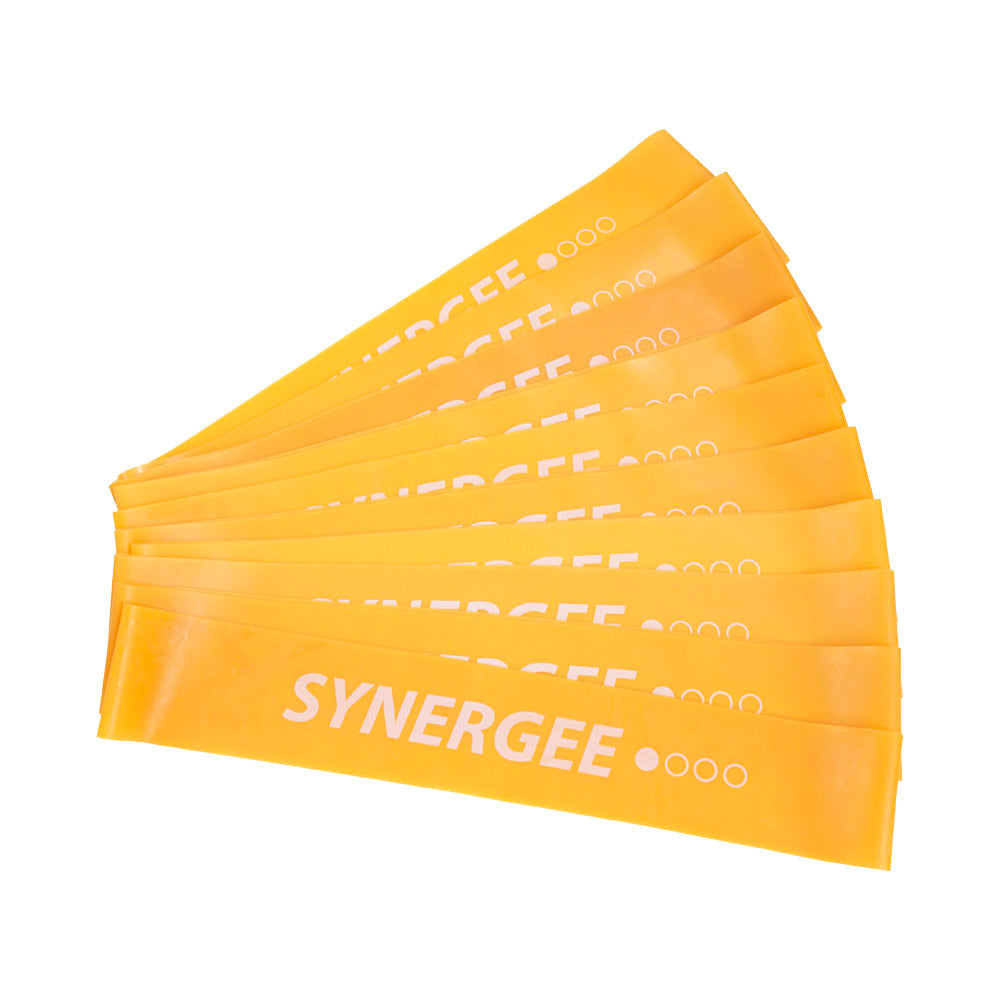 Synergee resistance bands in vibrant yellow color, ideal for strength training and workouts.