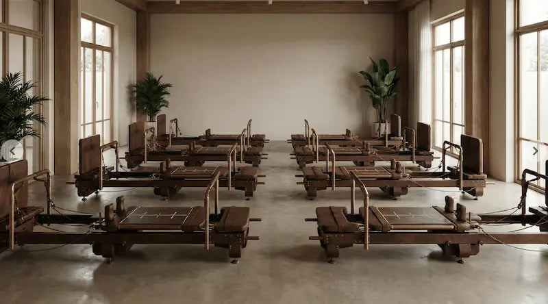 Wooden reformer Pilates machines arranged in a spacious studio with natural light.