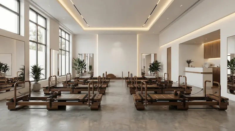 Pilates reformer studio featuring multiple wooden reformers arranged in a spacious, modern environment.