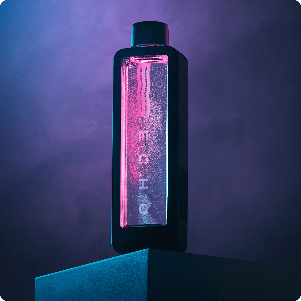 ECHO water bottle with vibrant pink and blue lighting, showcasing its sleek design.