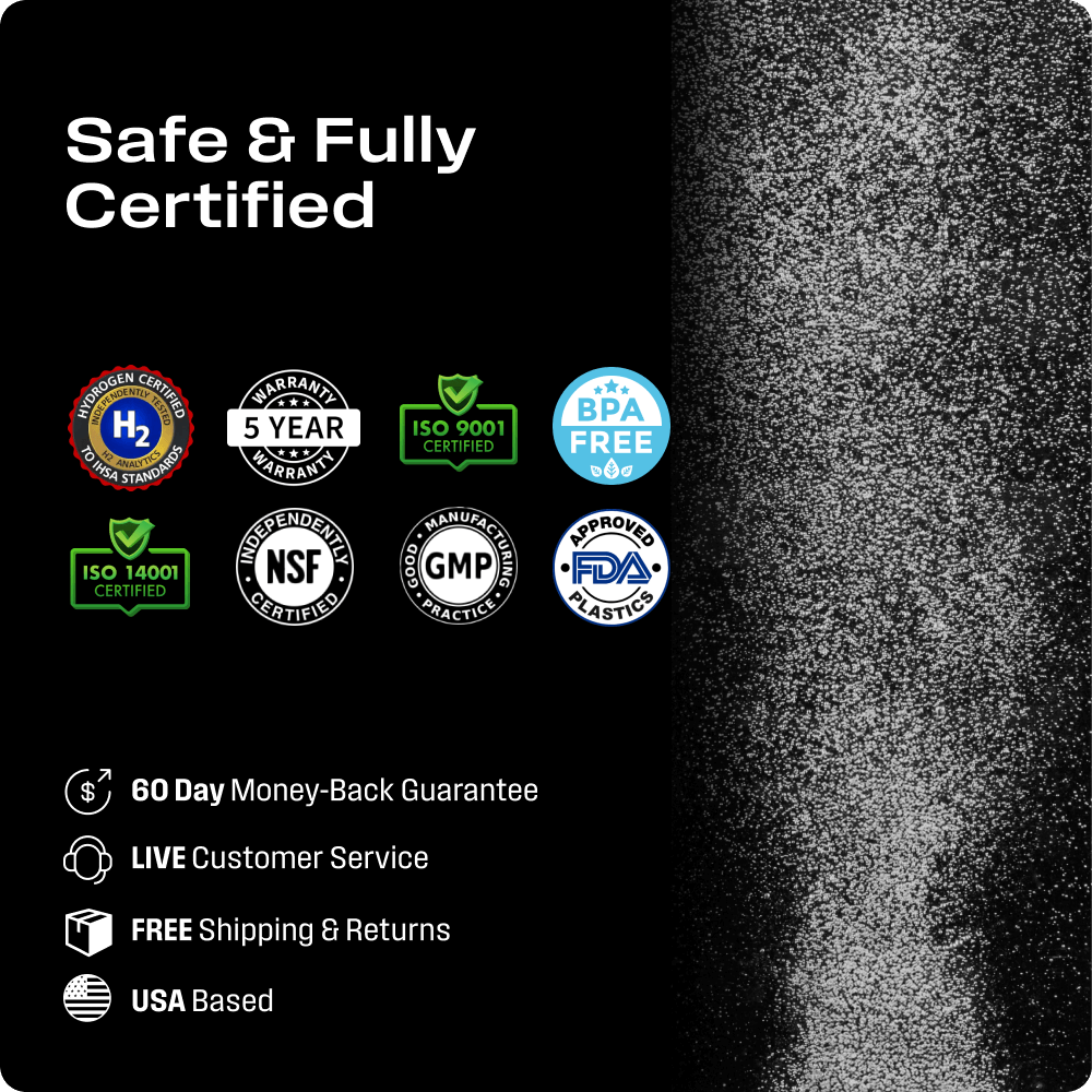 Safe & Fully Certified product with various quality assurance badges including NSF and FDA.