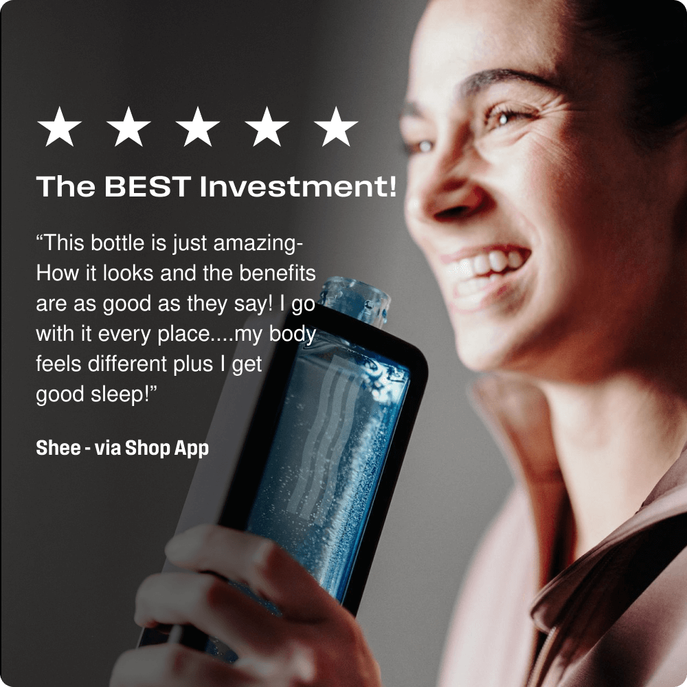 The BEST Investment water bottle with a smiling user showcasing its benefits.