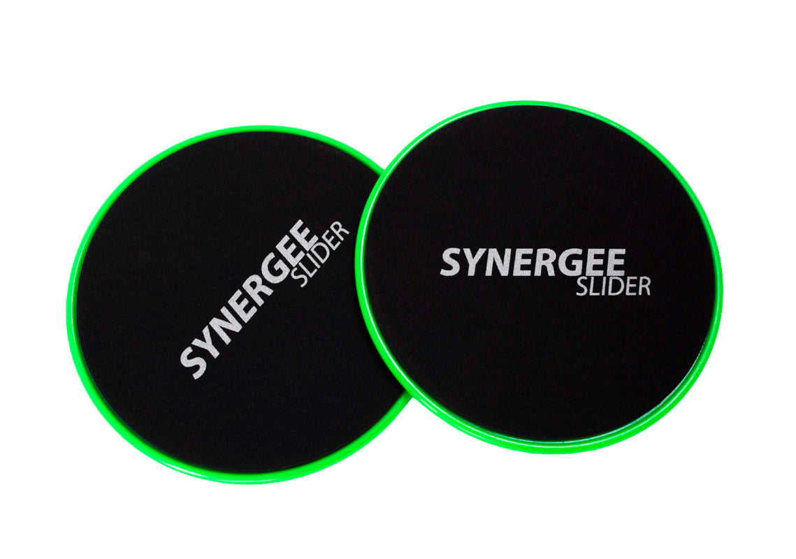 Synergee Slider set featuring black surface with green edges for effective workout.