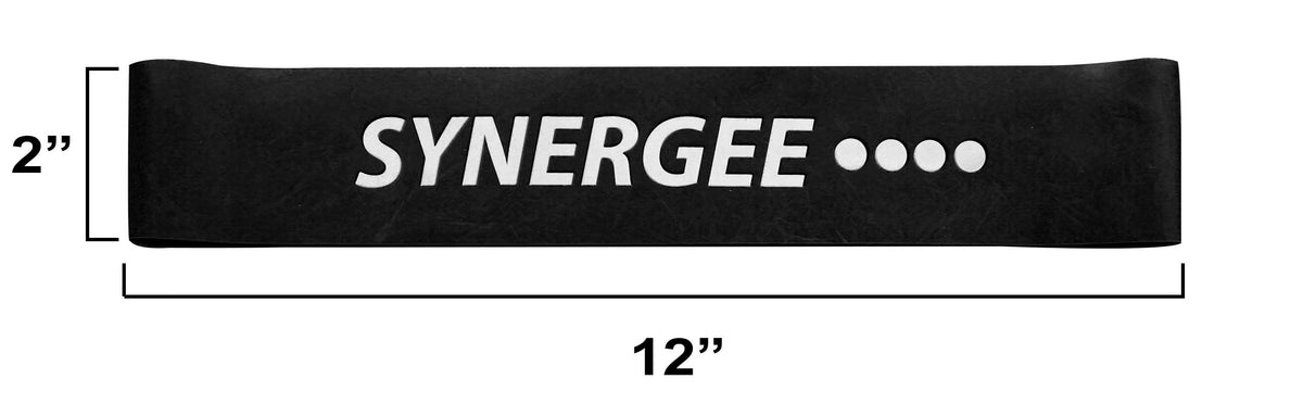 Synergee resistance band measuring 12 inches long and 2 inches wide, ideal for strength training.