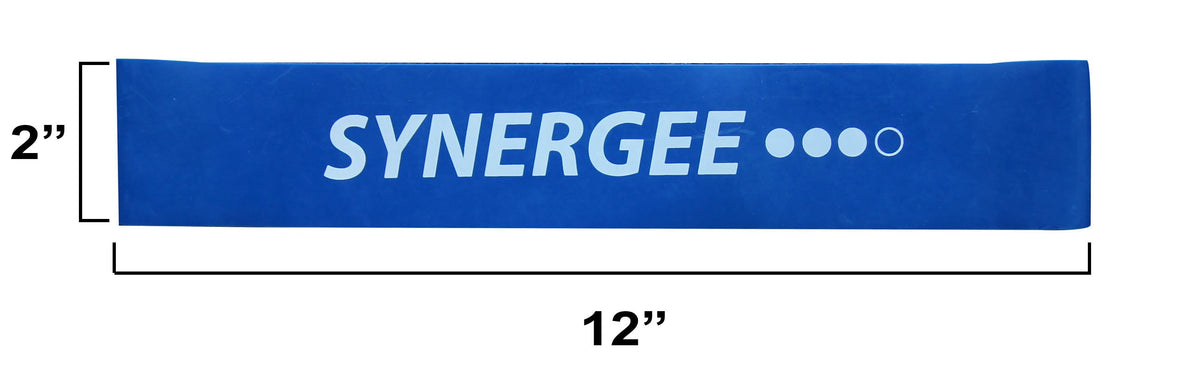 Synergee resistance band in blue, measuring 2 inches by 12 inches, ideal for workouts.