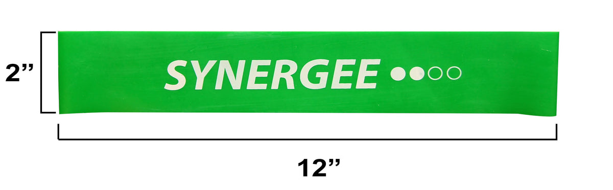 Synergee resistance band in vibrant green, measuring 2 inches by 12 inches.