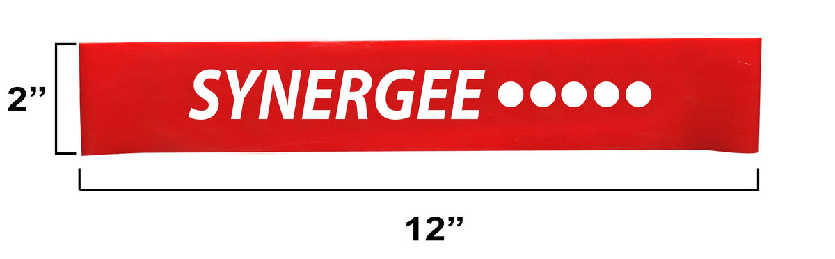 Synergee resistance band in red, measuring 2 inches by 12 inches, ideal for strength training.