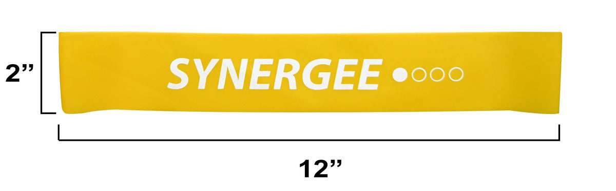 Synergee resistance band in yellow, measuring 12 inches long and 2 inches wide.