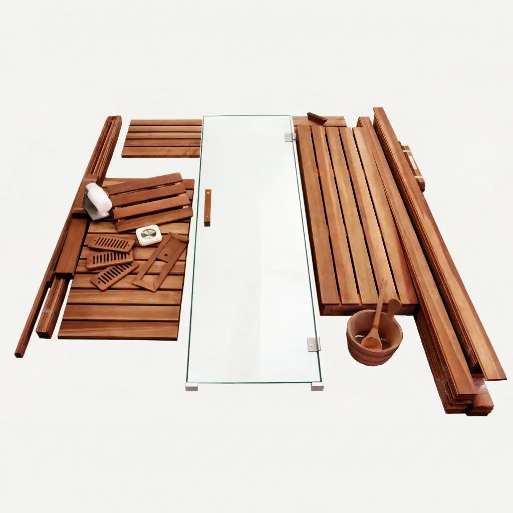 Wooden sauna kit with glass door and various wooden panels arranged neatly.