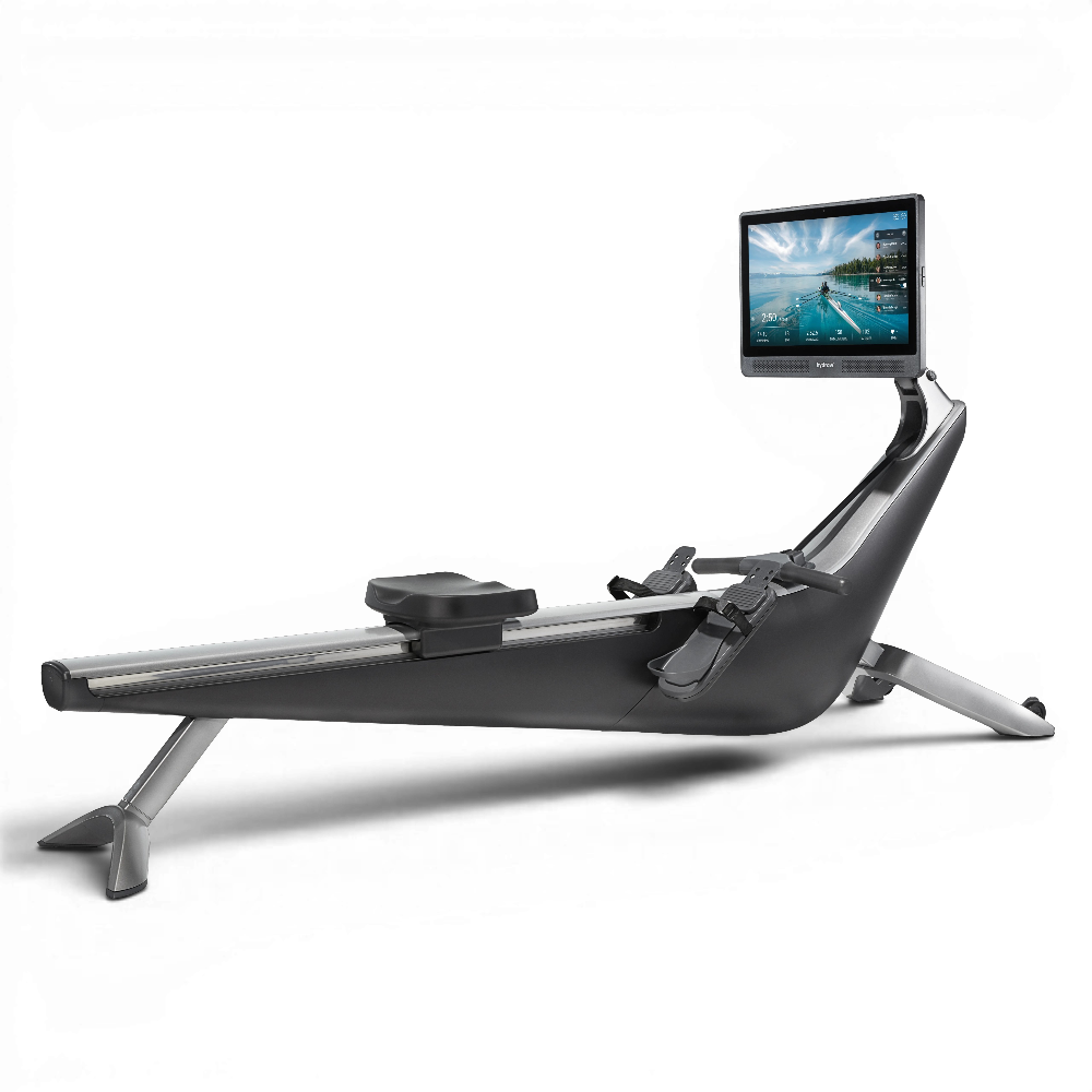 Rowing machine with a large display screen showcasing a scenic water view.