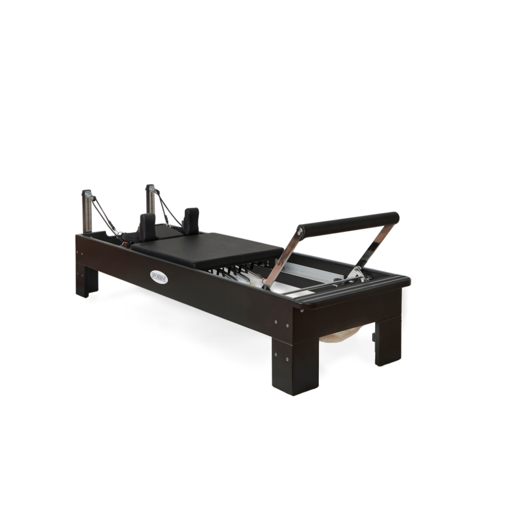 Pilates reformer with adjustable resistance and sleek black design for effective workouts.