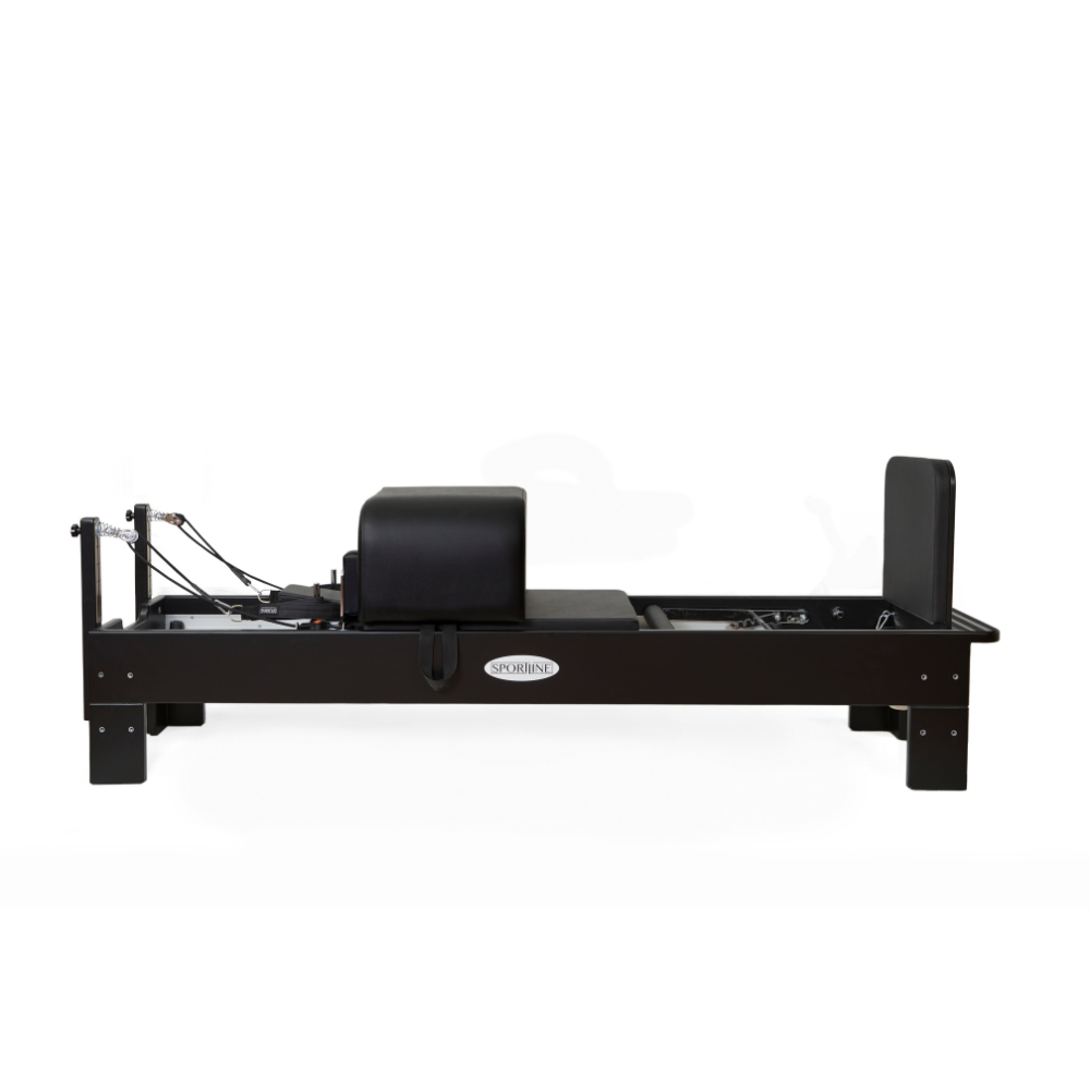 Reformer Pilates machine featuring a sleek black design and adjustable components.