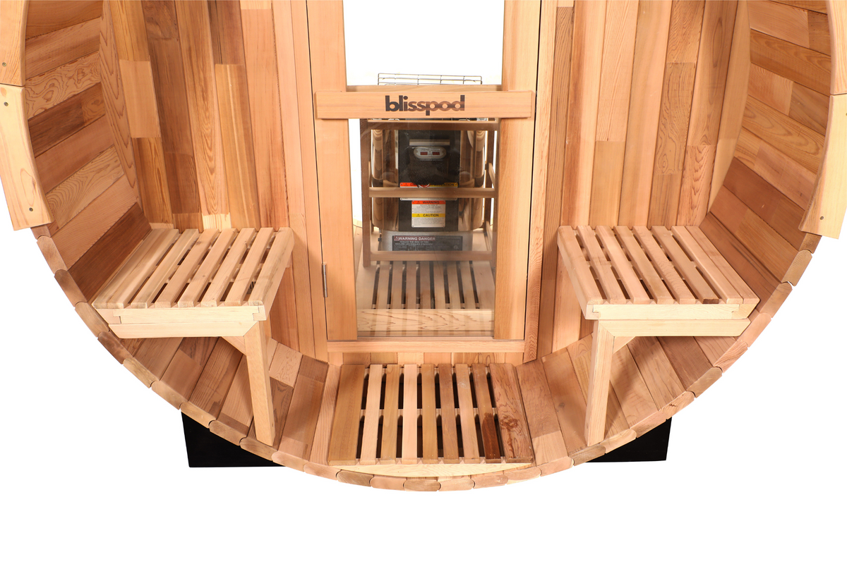 Blisspod, Prague, Canadian Red Cedar Outdoor Steam Barell Sauna, 2-4 / 4-6 persons with Full Glass Back & 2 front Porch seats