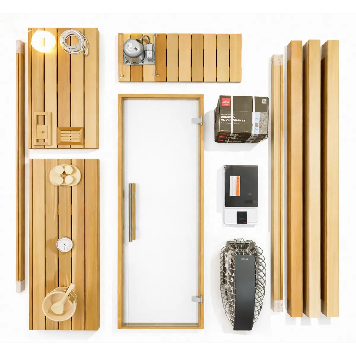 Wooden Slat Door with Accessories including Clock and Vase.