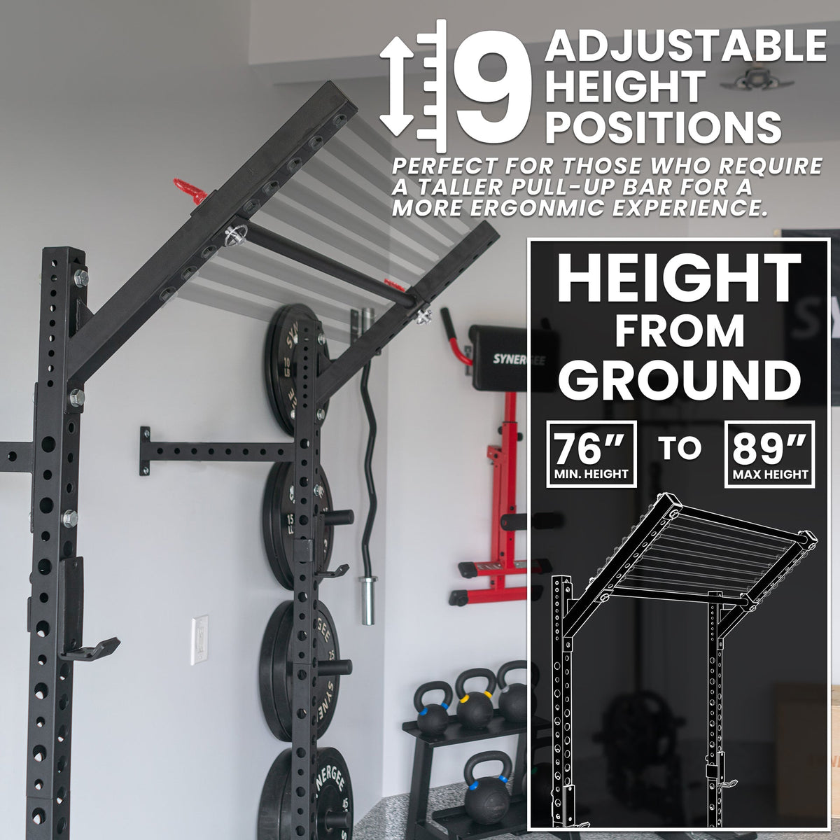 Adjustable Pull-Up Bar with 9 height positions for ergonomic use, ranging from 76 to 89 inches.