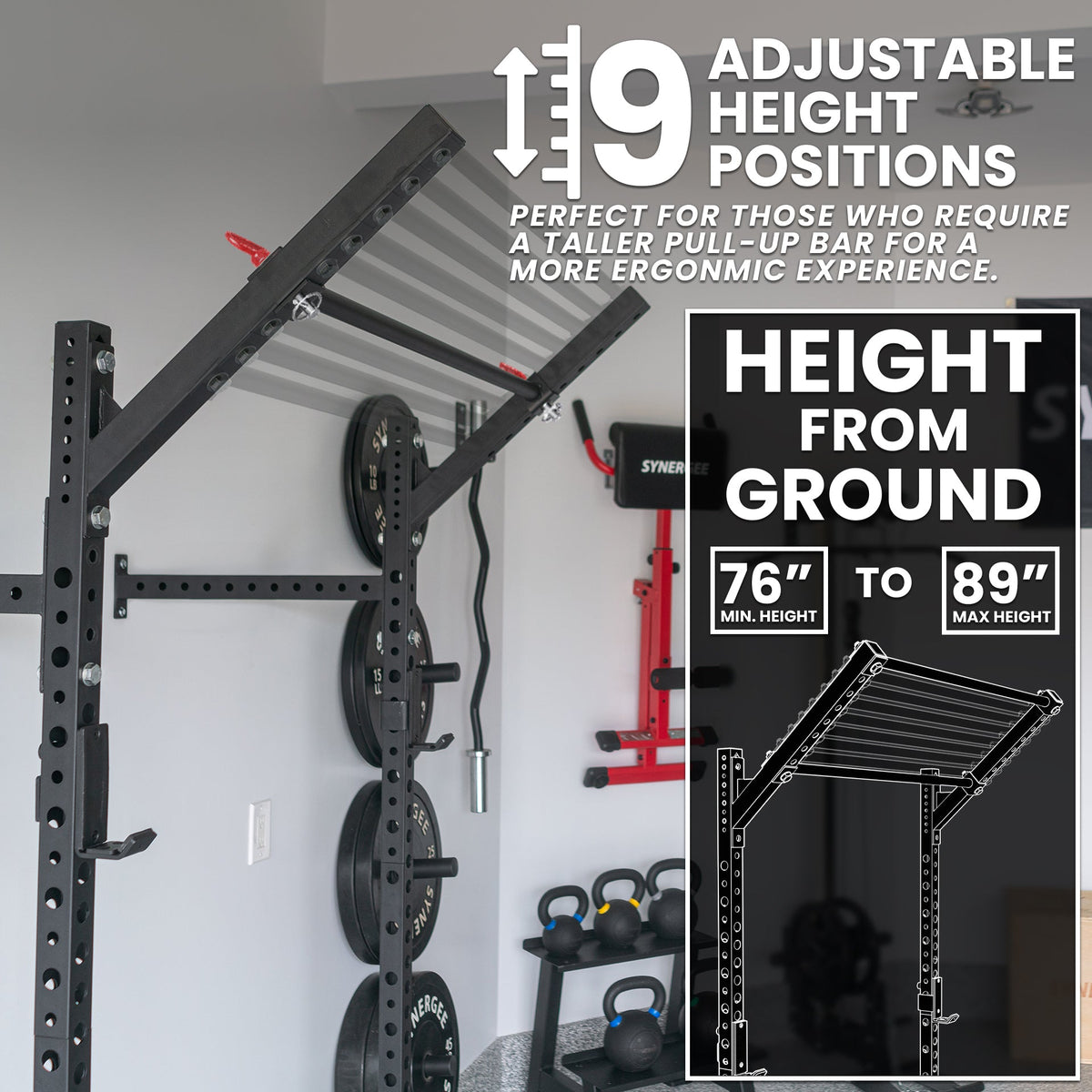 Adjustable Pull-Up Bar with 9 height positions for ergonomic use, ranging from 76 to 89 inches.