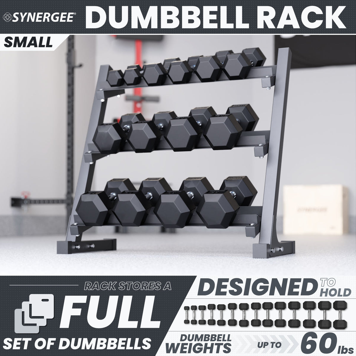 Synergee Dumbbell Rack holding a full set of hex dumbbells, designed to hold up to 60 lbs.