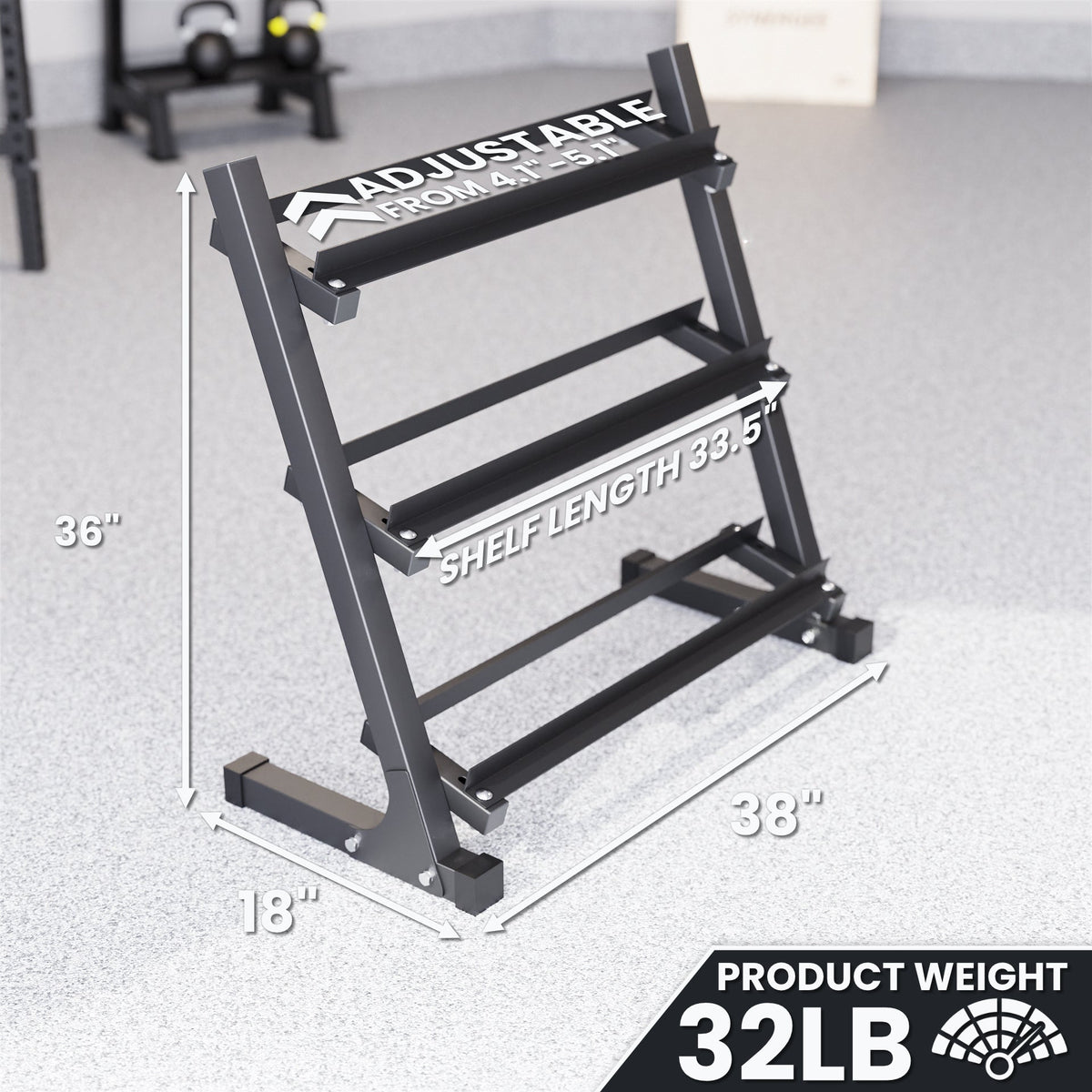 Adjustable weight rack with three shelves, measuring 36 inches tall and 38 inches wide.