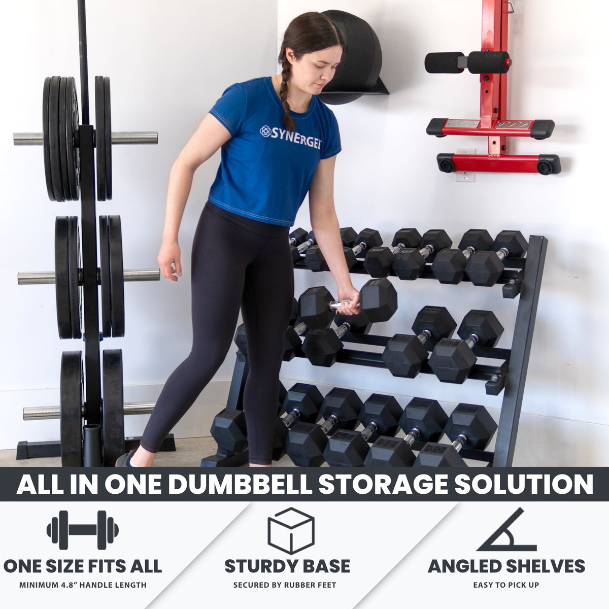 All in One Dumbbell Storage Solution featuring sturdy shelves and a user lifting a dumbbell.