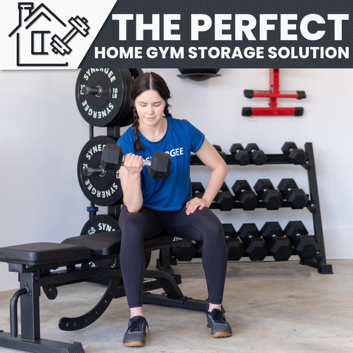 The Perfect Home Gym Storage Solution featuring a woman lifting a dumbbell beside organized weights.