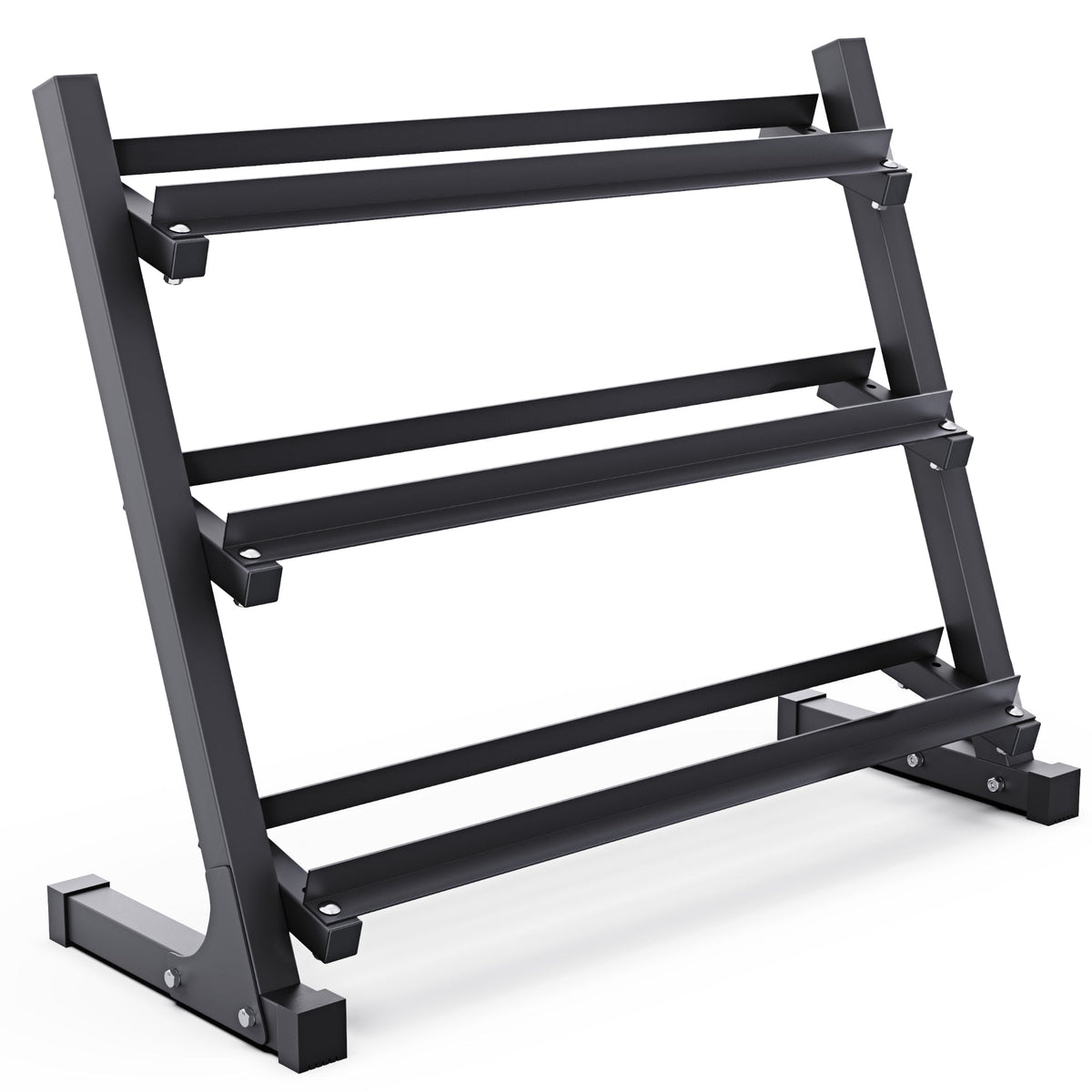 Heavy-duty weight rack with four tiers for organized storage.