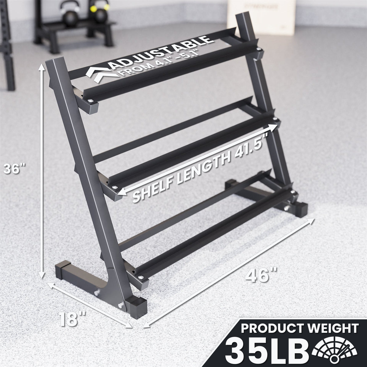 Adjustable weight rack with four shelves, measuring 36 inches tall and 48 inches wide.