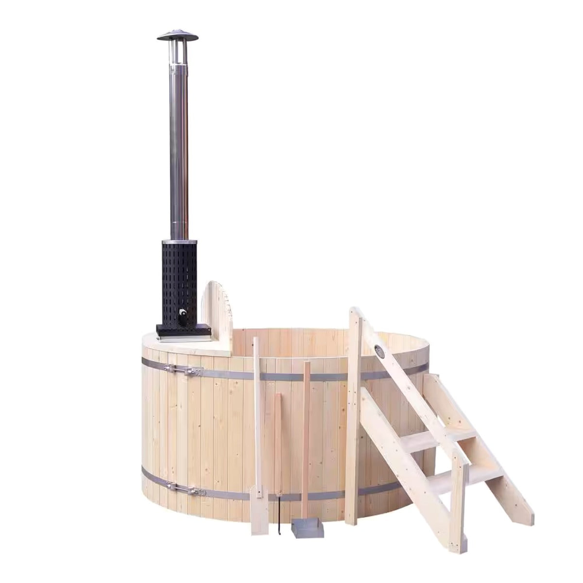 Wooden hot tub with a chimney and steps for easy access.
