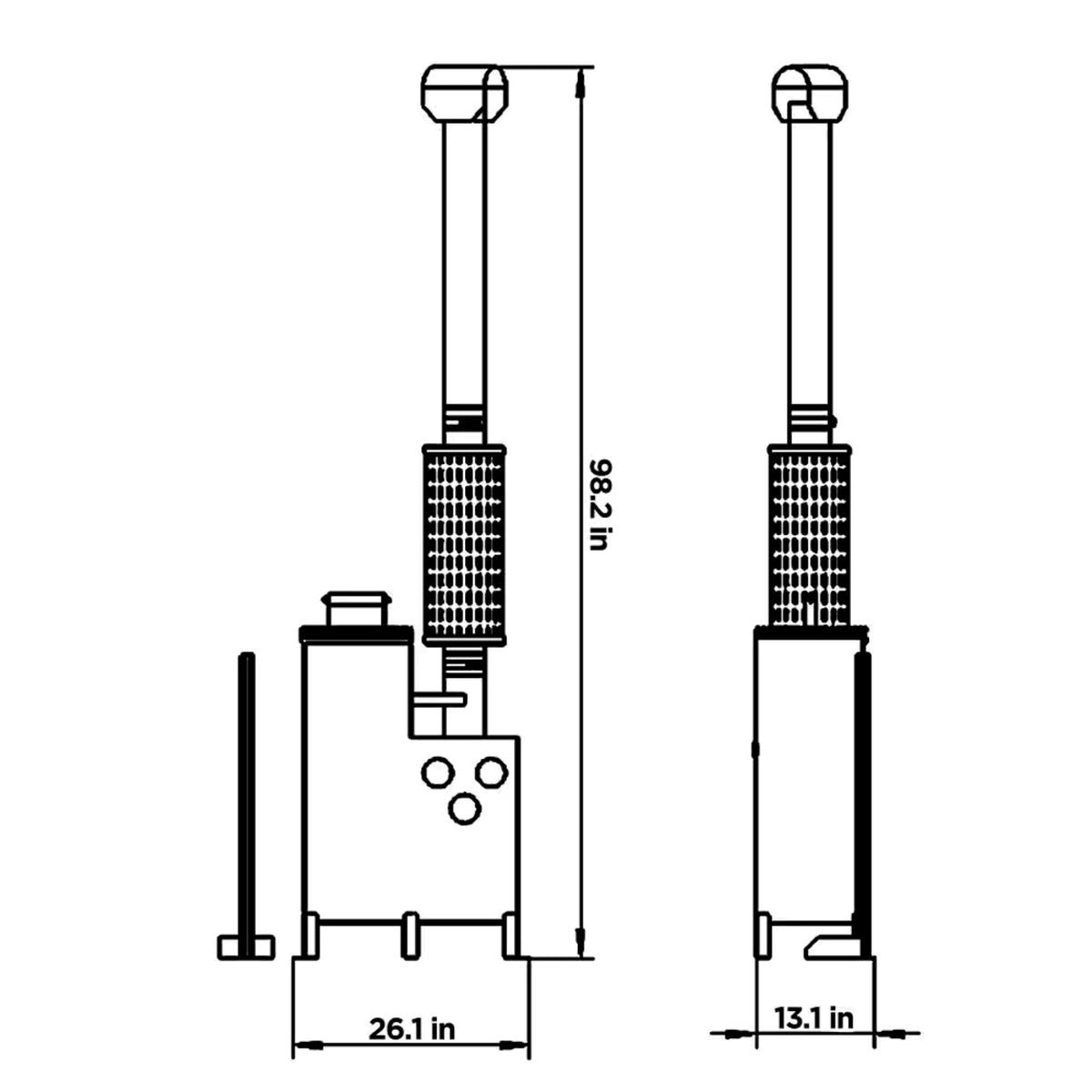 Hydraulic Lift Cylinder with dimensions 26.1 in height and 13.1 in width.