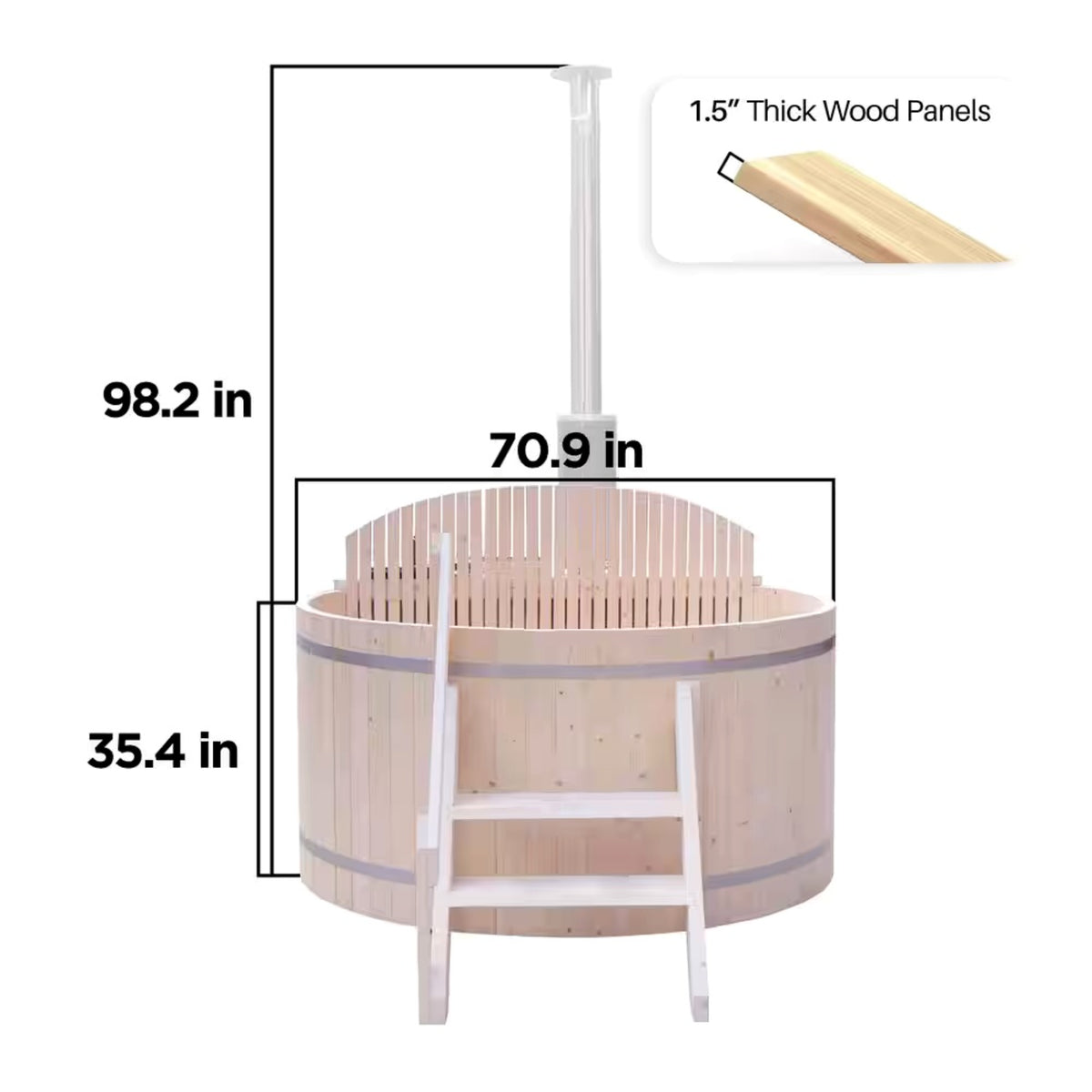 Wooden hot tub with 1.5-inch thick wood panels, featuring a ladder and dimensions of 98.2 in by 70.9 in.